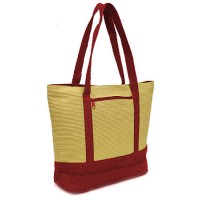 Straw Shopping Tote Bags – 12 PCS Paper Straw w/ Color Band Trim - Red - BG-ST400RD
